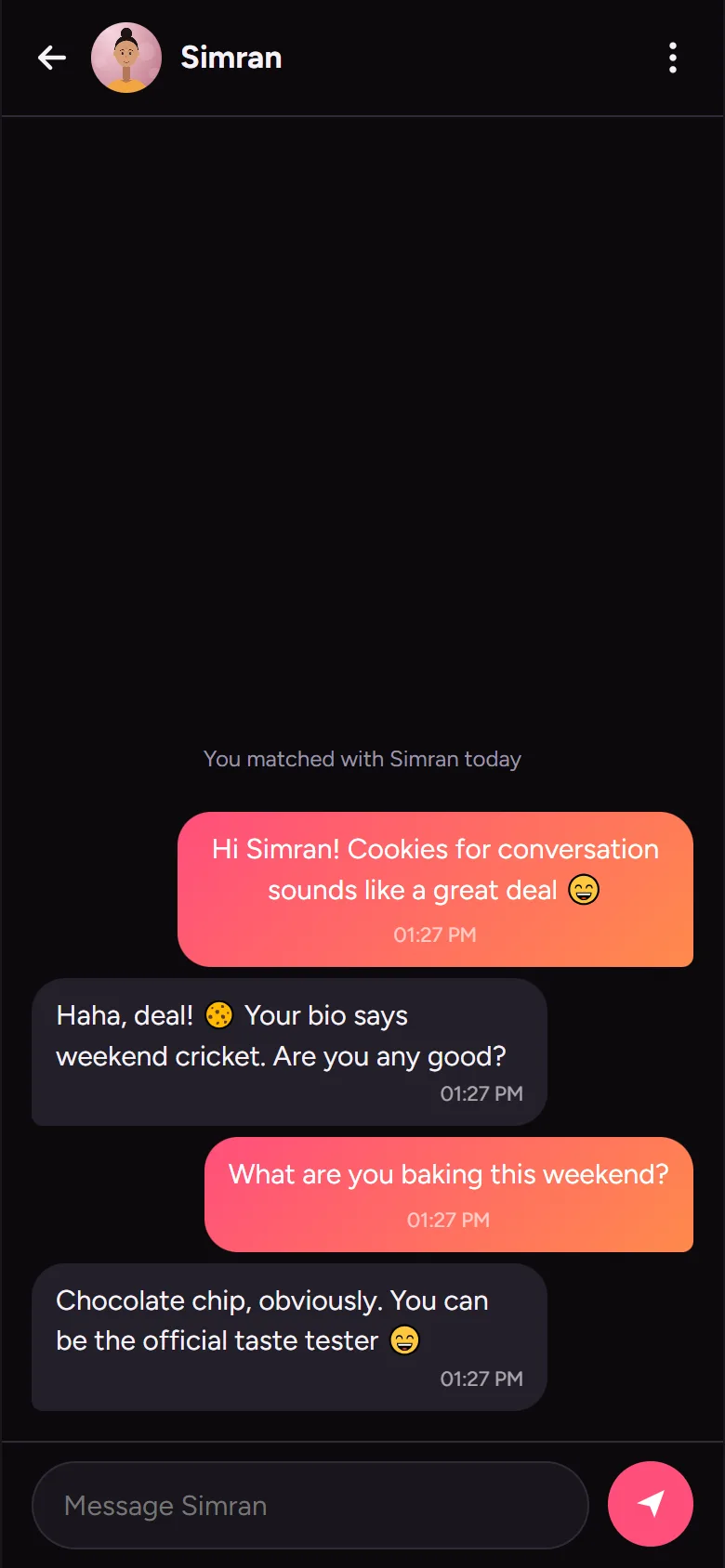 Chat screen with a conversation between two matches