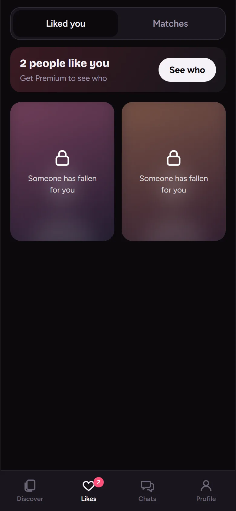 Likes screen showing two people who liked you, hidden until Premium