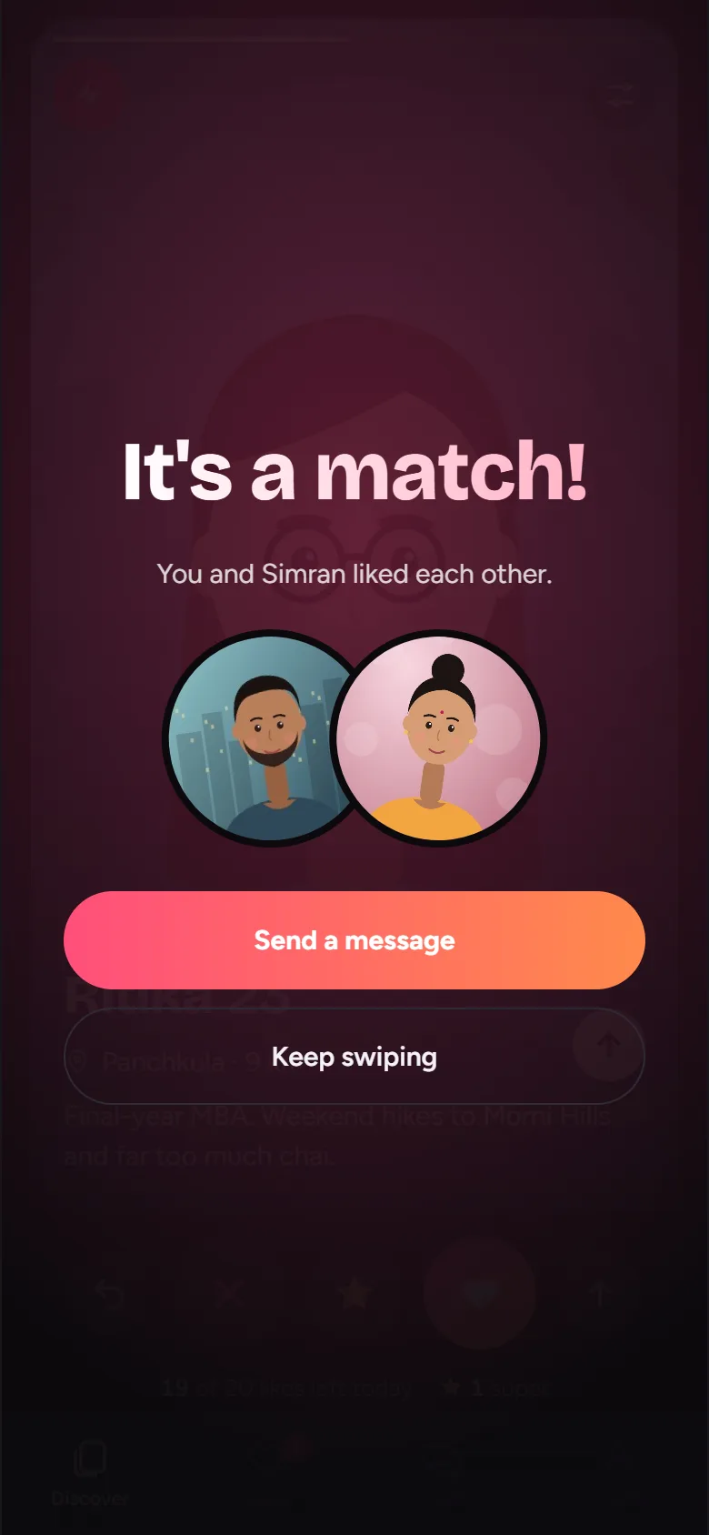 It's a match screen with two profile pictures
